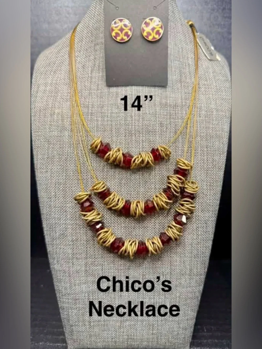 Chico's Gold and Burgundy Layered Bead Necklace